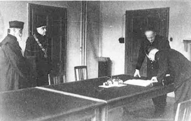 Promotion von AH, EM Pelzel am 06,12,1946. Von links nach rechts: Prorektor Aubell, Rektor Platzer, Prof. Schwarz-Bergkampf, Dipl.-Ing. Erich Pelzel