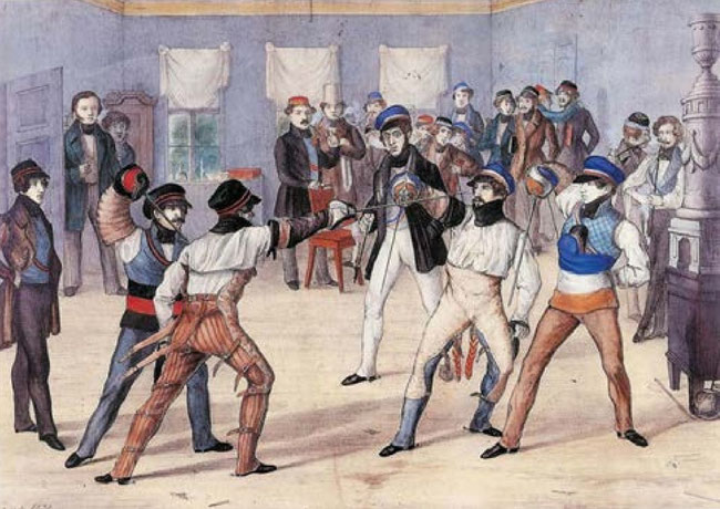 Mensur zwischen Bremensia Göttingen und Nassovia, kolorierte Lithografie