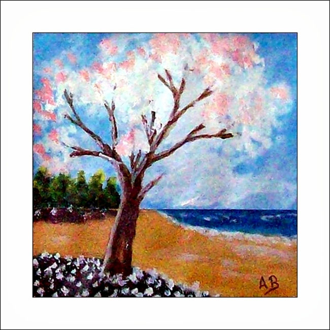 Strand, Frühlingsbaum, d Blumen, Wald-Küste, Meer, Acrylmalerei, Acrylgemälde