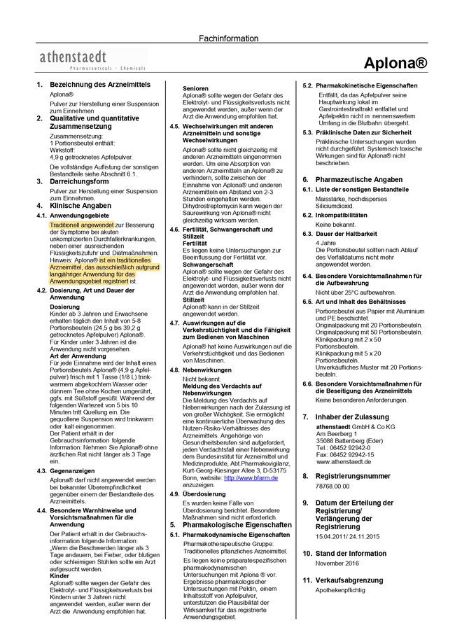 Aplona® Apfelpulver Fachinformationen