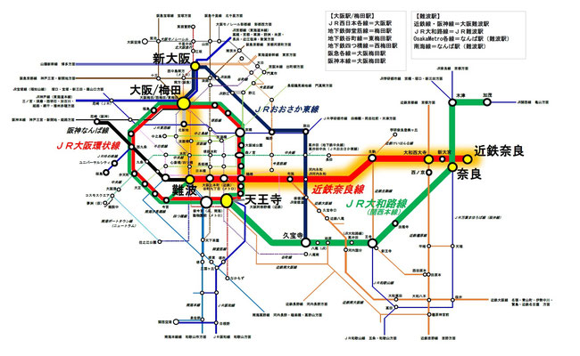大阪駅から近鉄奈良駅への路線図
