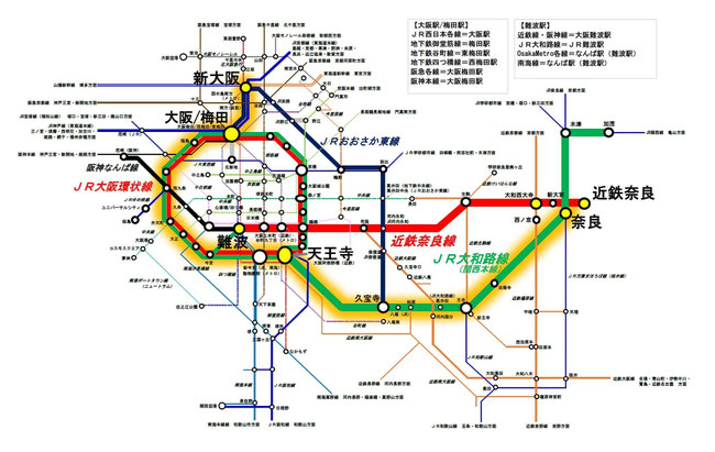 新大阪駅から奈良駅への路線図