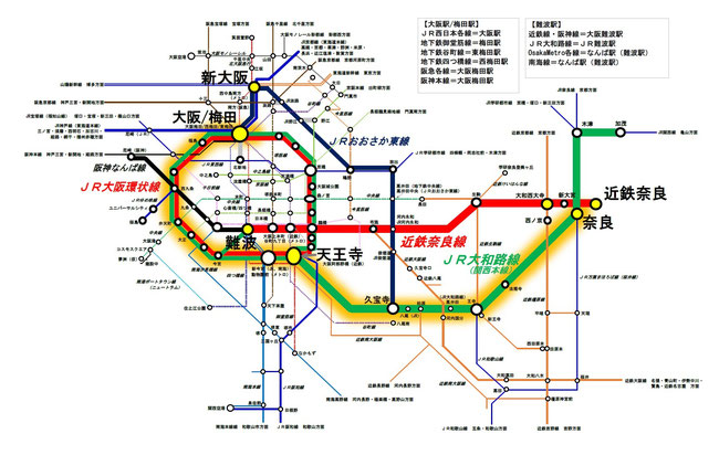 大阪駅から奈良駅への路線図