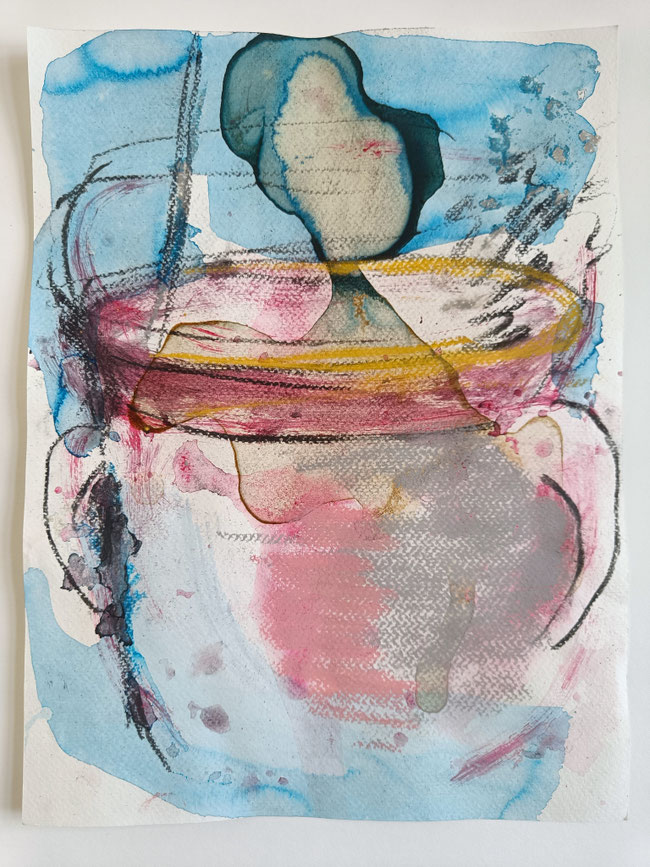 SNOW-COVERED POT. 2024, 24 x 31 cm, charcoal, pastel, pencil, color pencil, ink on watercolor paper, acrylic, coffee drip painting, snow, series of 10