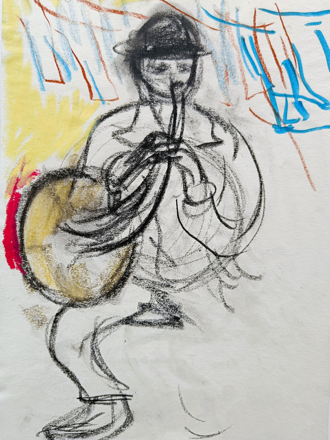 Horn concert at the Homburg Paper Mill | 2025 | 29,7 x 21 cm | pastel, crayon, ink brush pen on Fabriano paper