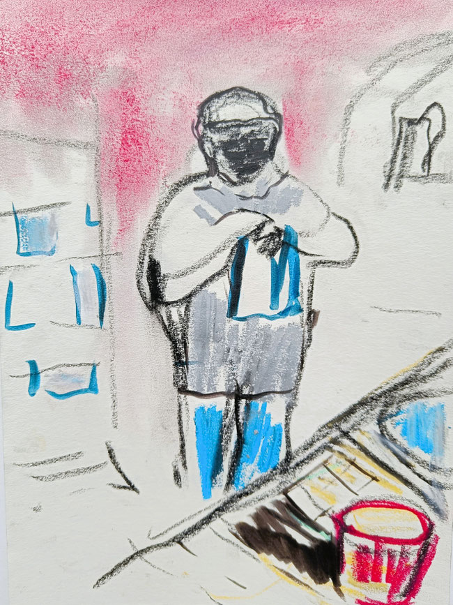 Papermaking at the Homburg Paper Mill | 2025 | 29,7 x 21 cm | pastel, crayon, ink brush pen on Fabriano paper