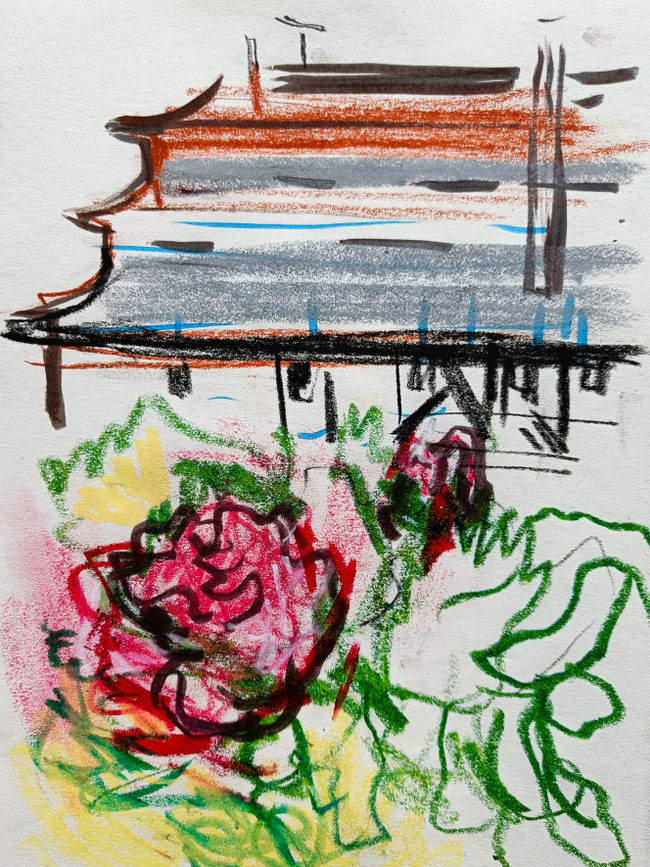 Rose garden at the Homburg Paper Mill | 2025 | 29,7 x 21 cm | pastel, crayon, ink brush pen on Fabriano paper