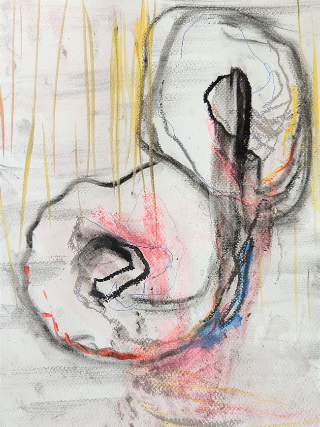 HUNGER - Two apple halves for Florence & the M. 2023, 32 x 24 cm, ballpoint pen, charcoal, crayon, pastel, pencil, felt-tip pen, watercolor pen, mud, finger drawing, water drops on watercolor paper, series of 30