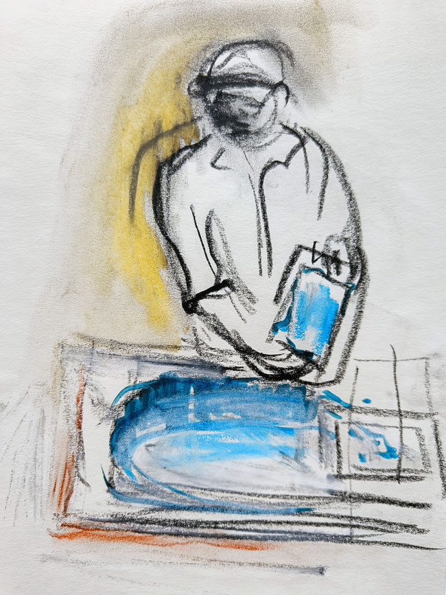 Papermaking at the Homburg Paper Mill | 2025 | 29,7 x 21 cm | pastel, crayon, ink brush pen on Fabriano paper