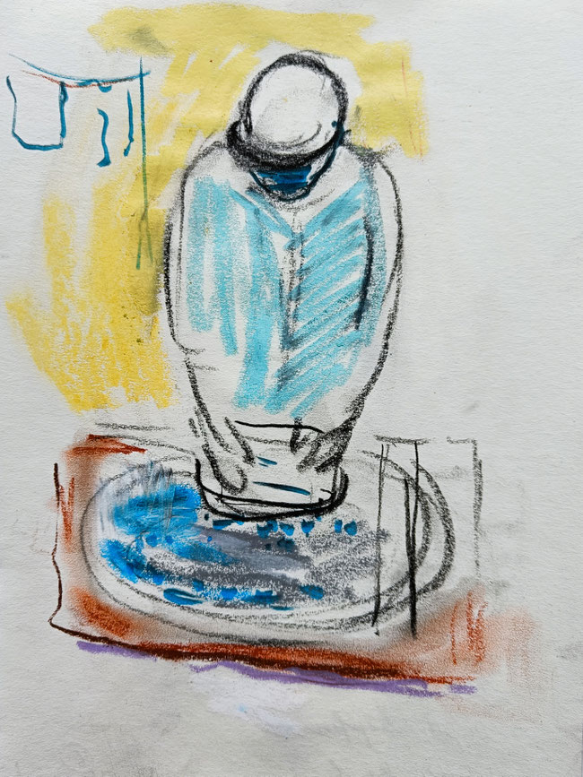 Papermaking at the Homburg Paper Mill | 2025 | 29,7 x 21 cm | pastel, crayon, ink brush pen on Fabriano paper