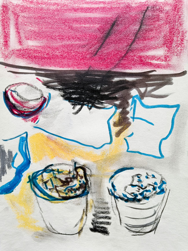 Still Life with handmade paper, recycled fibers and agate | 2025 | 29,7 x 21 cm | pastel, crayon, ink brush pen on Fabriano paper