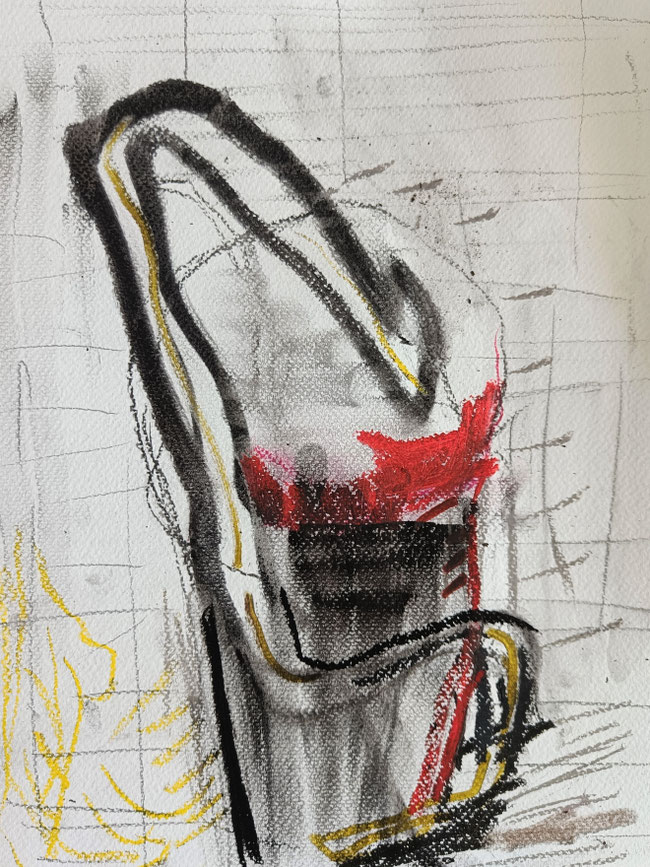 RISE & SHINE - Bridal Crown for The Cardigans. 2023, 32 x 24 cm, charcoal, crayon, pastel, pencil, felt-tip pen, watercolor pencil, mud, finger drawing on watercolor paper, series of 42