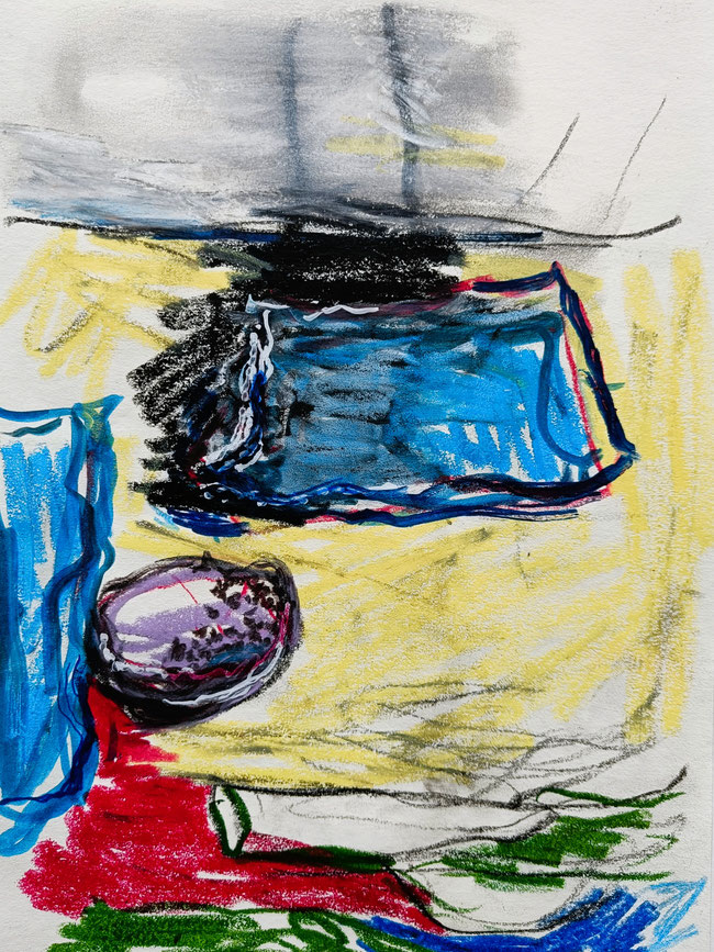 Paper Still Life at the Homburg Paper Mill | 2025 | 29,7 x 21 cm | pastel, crayon, ink brush pen on Fabriano paper