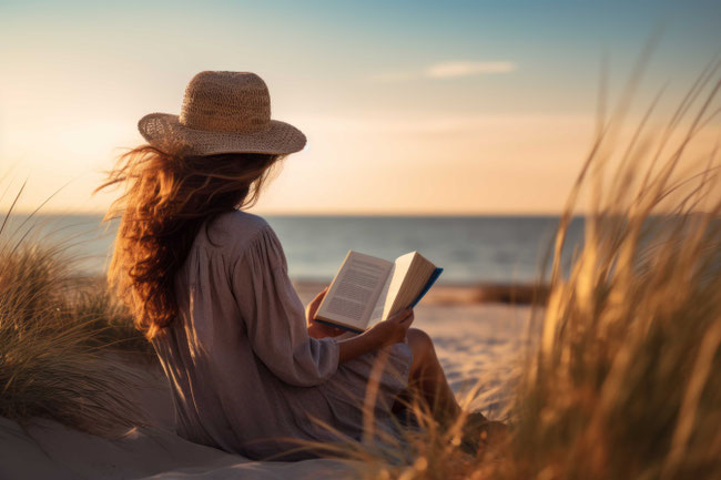 Eine Frau liest am Strand ein Buch - Buch und Mystik e.V.