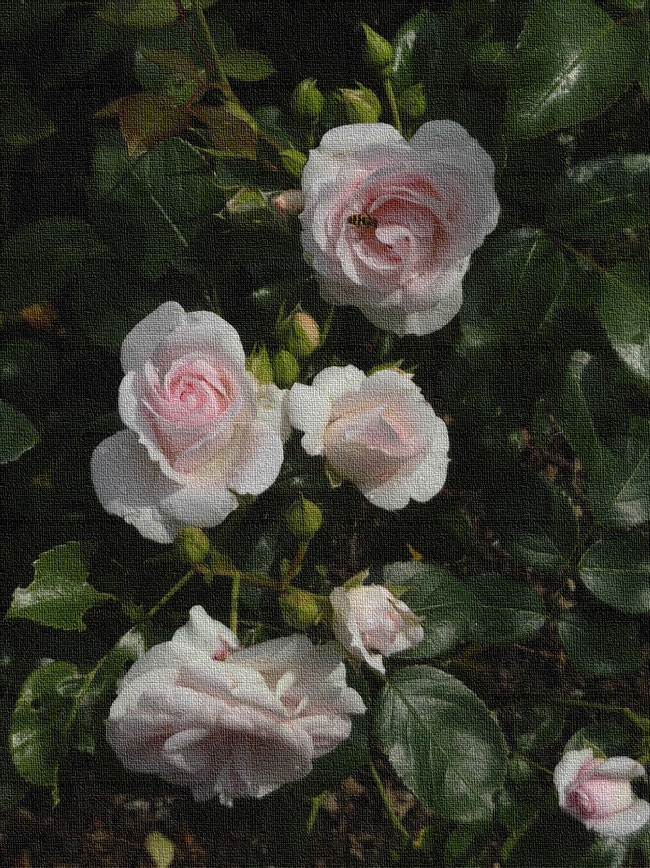rosa Rosenblüten mit Regentropfen und Nachmittagsgast