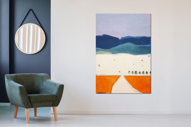 abstraktes Landschafts-Bild in orange petrol pastell