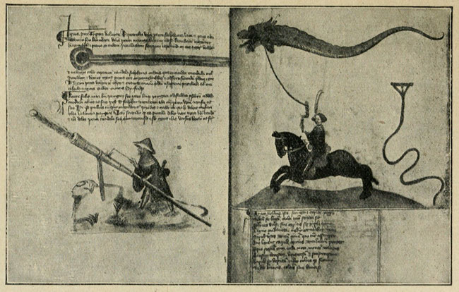 Zwei Seiten aus der Handschrift des Ingenieurs Konrad Kyeser von Eichstädt aus dem Jahr 1405. Rechts der Drachenballon am Fesselseil. Links oben die Petroleumlampe zum Drachenballon. Unten ein Krieger, der eine Büchse mittels des Gluteisens abschießt.