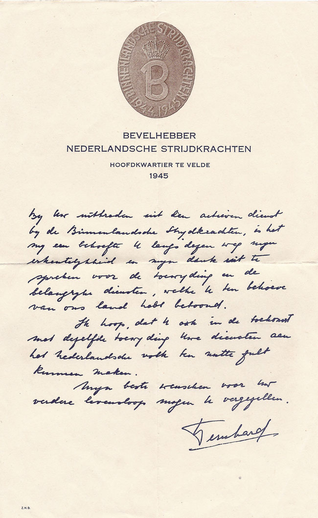 Bedankbrief prins Bernhard