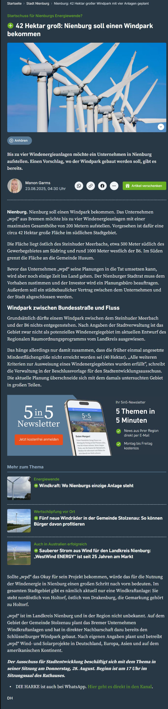 Zeitungsartikel "Die Harke" vom 23.08.2025