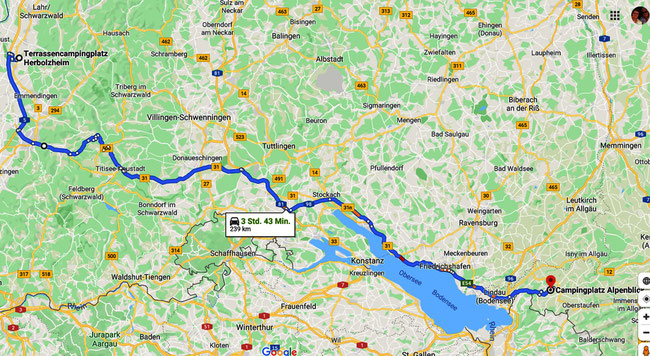 Vom Navi lassen wir uns trotz Umleitung zur kürzesten Strecke verleiten - die südliche Schwarzwaldumfahrung über Lörrach und Waldshut-Tiengen wäre zwar länger, aber entspannter gewesen