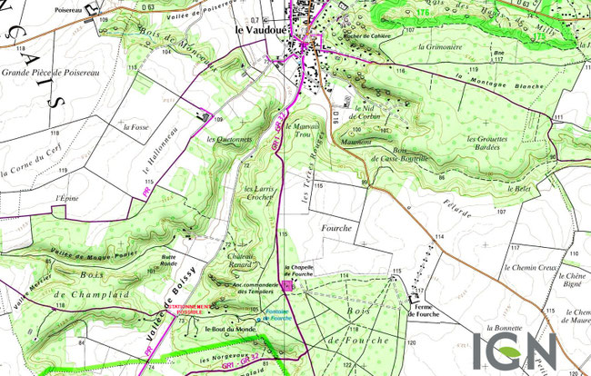 Plan d'accès à la chapelle des Templiers de Fourches. © Géoportail IGN