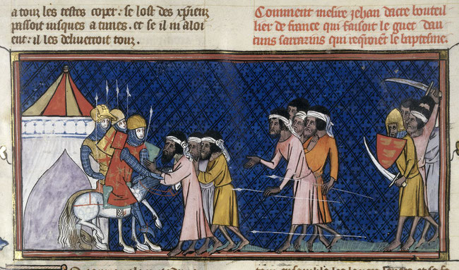 Des chevaliers chrétiens offrent leur protection à des sarrasins qui requièrent le baptême. Grandes chroniques de France - Royal 16 G VI   f. 442. © The British Library