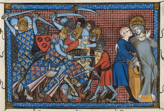 Bataille de Mansourah en 1250. Vie et miracles de Saint Louis, Guillaume de Saint-Pathus, XIVe siècle, BnF, f°199.