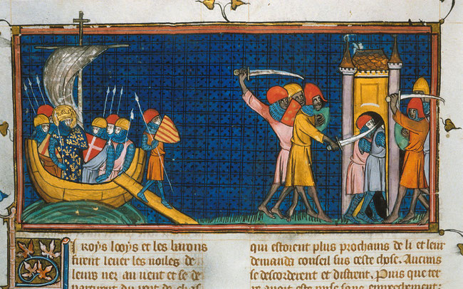 Louis IX débarque en Tunisie. Grandes chroniques de France - Royal 16 G VI   f. 440v  © The British Library