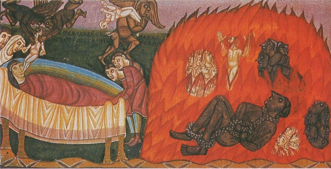 (5) Détail de la parabole de Lazare et du mauvais riche. Des démons s'emparent de l'âme du mauvais riche pour la remettre à Satan. Codex Aureus, 1043-1044.