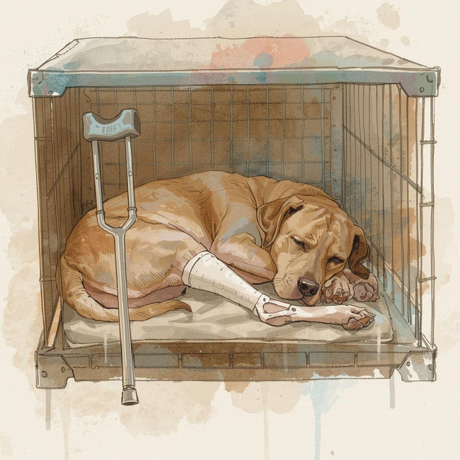 Hund nach Operation in der Box, mit bandagiertem Hinterbein und Unterarmstütze zur Unterstützung während der Boxenruhe