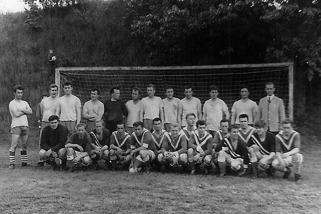 Die Fußballmannschaft der SG Gunsleben (stehend) nach dem vom Ex-Gunsleber Peter Gehlmann (stehend ganz rechts) organisierten Freundschaftsspiel gegen Hüttenrode