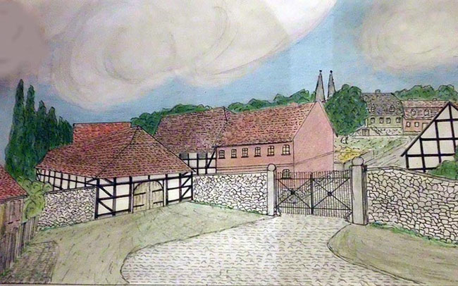 Das ehemalige Rittergut um 1928. Im Vordergrund die Hofausfahrt zum Üpling, links der Schafstall und im Hintergrund der Schlosspark und das Gutsschloss.