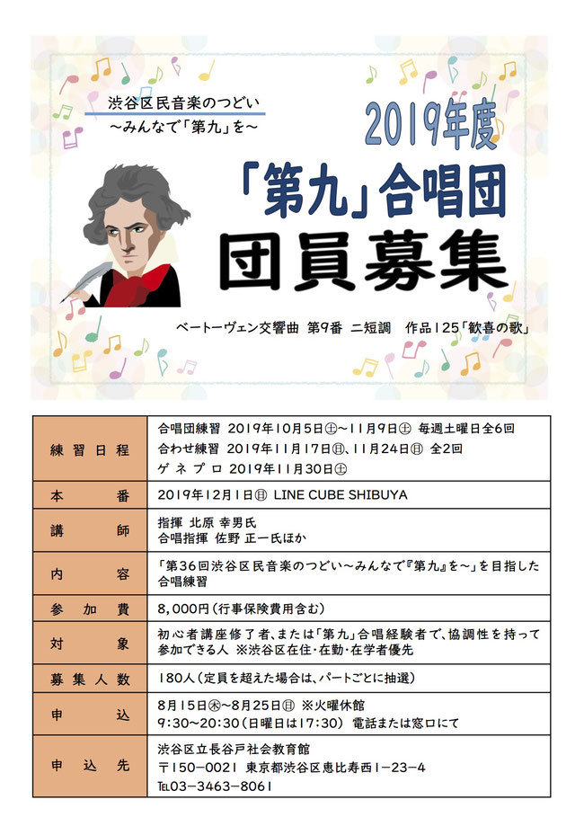 合唱団員募集 19 渋谷区民音楽のつどい みんなで 第九 を