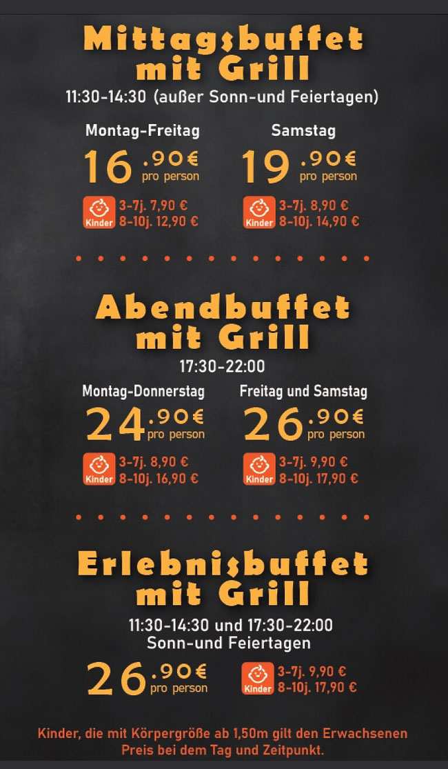 Buffet Preisliste Chinarestaurant Shun Feng