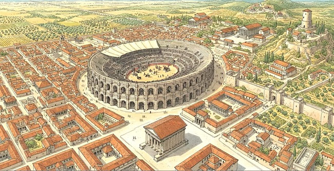 amphitheatre-de-nimes-dictee-cm1-cm2-vue-epoque