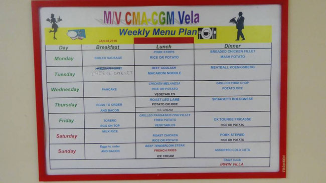 Bild: Der wöchentliche Menu Plan auf dem Containerschiff