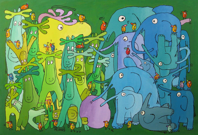 "elchs meets elefants playing football", Acryl auf Leinwand, 100/70 cm, Juli 2009 (verkauft)