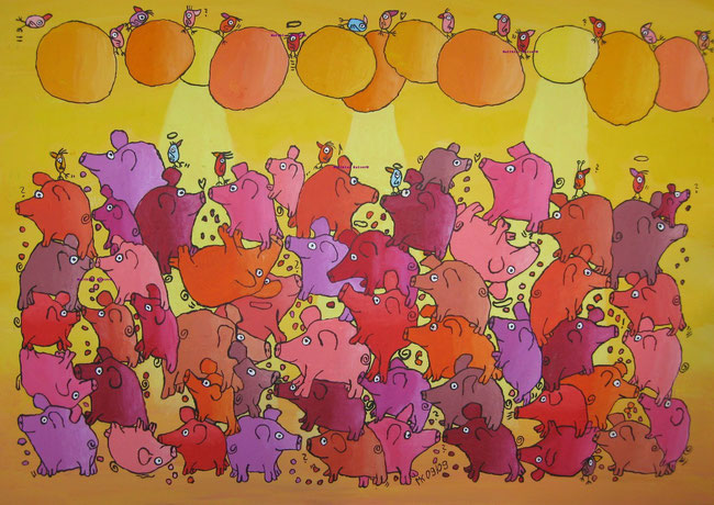 "schwitzende Tanzbodenschweine", Acryl auf Leinwand, 100/70 cm, September 2009 (verkauft)
