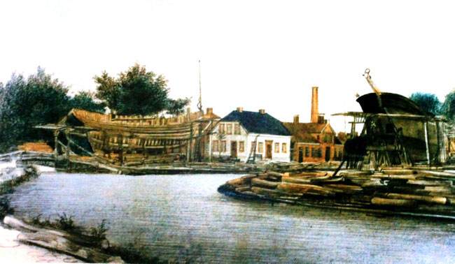 Abbildung 3: Papenburg um 1860, links Werft von B. Tholen, rechts Werft von W. Meyer (Quelle Meyer Werft, Foto Dr. Hochhaus)