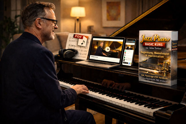 Pianist beim Jazz-Piano-Lernen am Flügel im eigenen Wohnzimmer. Auf dem Flügel liegen Laptop, Smartphone, Kopfhörer etc. um den Jazz Piano Basic Kurs von Stefan Berker durchzuarbeiten.