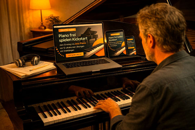 Wohnzimmer mit gedämpften Licht: Ein Mann mittleren Alters mit leicht ergrautem Bart siitzt an einem E-Piano... darauf ein Laptop, ein Tablet und ein Smartphone auf dem der Kurs "Piano frei spielen Kickstart - dein Einstieg ins Jazz-Piano" zu sehen ist.