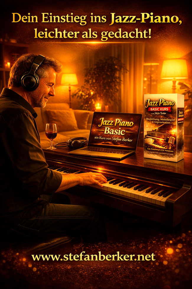 Ein Mann Mitte 50 sitzt mit Kopfhörern in einem gemütlich ausgeleuchteten Wohnzimmer an einem E-Piano. Auf dem E-Piano zu sehen ein Glas Rotwein sowie ein Laptop mit dem Kurs "Jazz Piano Basic" von Stefan Berker.