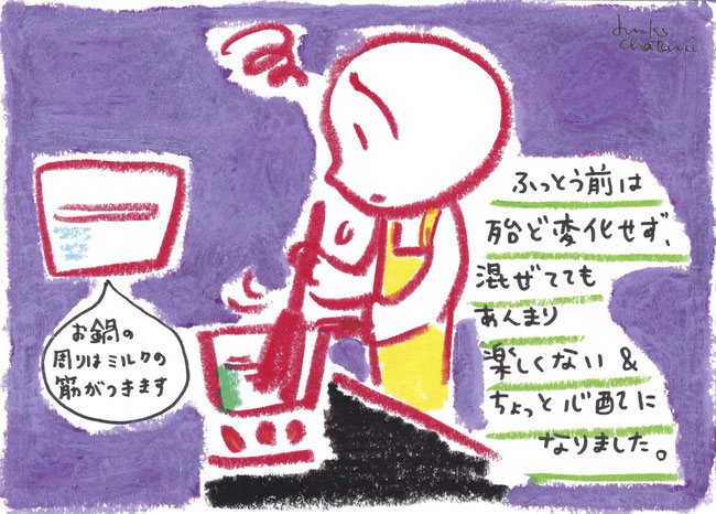 茶谷順子 コーヒーブログ お鍋でミルクを泡立ててるイラスト コーヒーイラスト