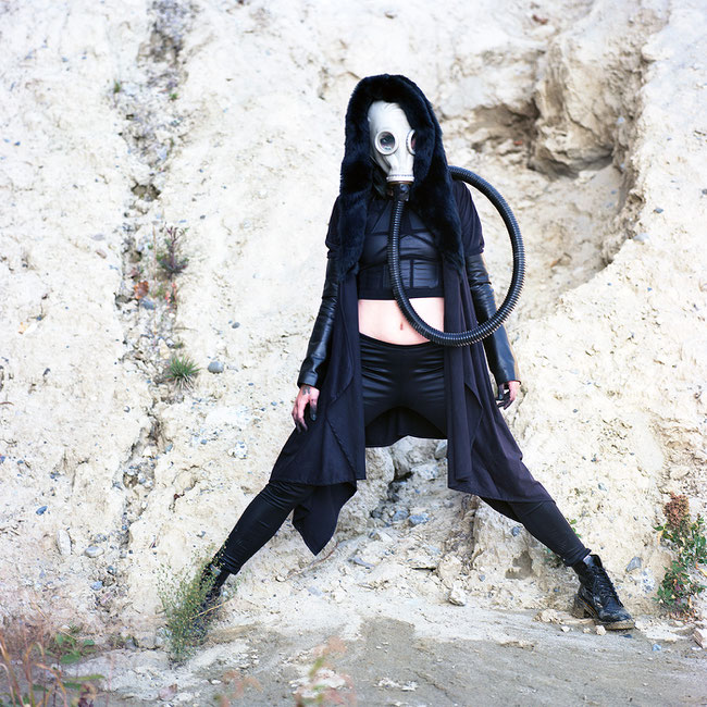 image: nina luca, VJP, VJP photography, waste land, waste land warrior, gas mask, madness is, madness is clothing, church of sanctus, sanctus clothing, post apocalyptic fashion, swiss geeks, dark fashion blog, dark fashion style, dark fashion feed