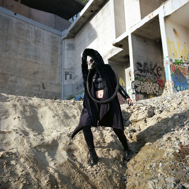 image: nina luca, VJP, VJP photography, waste land, waste land warrior, gas mask, madness is, madness is clothing, church of sanctus, sanctus clothing, post apocalyptic fashion, swiss geeks, dark fashion blog, dark fashion style, dark fashion feed