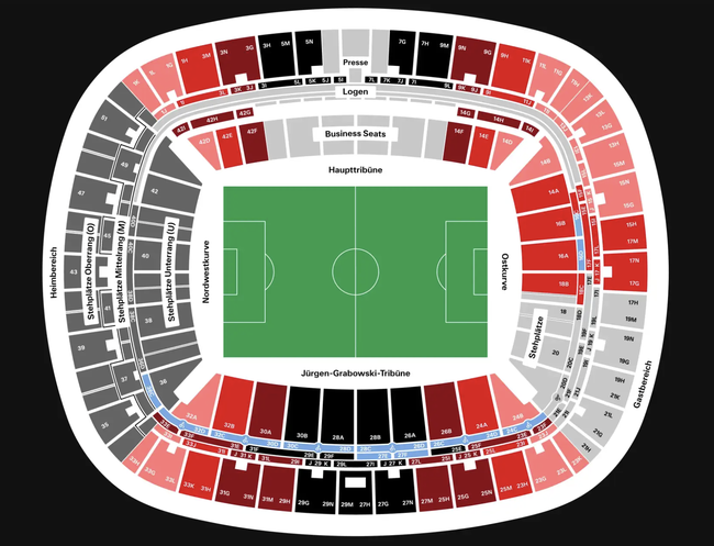 Stadionplan Sitzplan Deutsche Bank Park Eintracht Frankfurt. Quelle: https://en.eintracht.de/stadium/seating-plan/