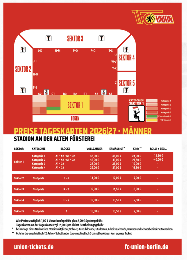 Aktuelle Preisliste Tickets Union Berlin Saison 2026/2027 Stadion an der Alten Försterei