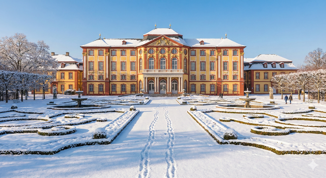 Dies ist keine Fotografie! Schloss Bruchsal im Winter, generiert von Nano Banana Banana. (c) DM