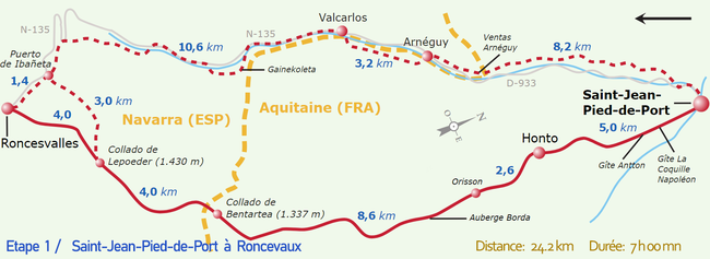 Carte de Saint-Jean-Pied-de-Port à Roncevaux