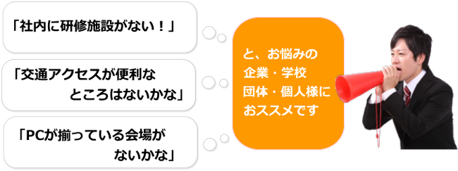 社内に研修施設がない！　交通アクセスが便利な所はないか？　パソコンのある会場はないだろうか？